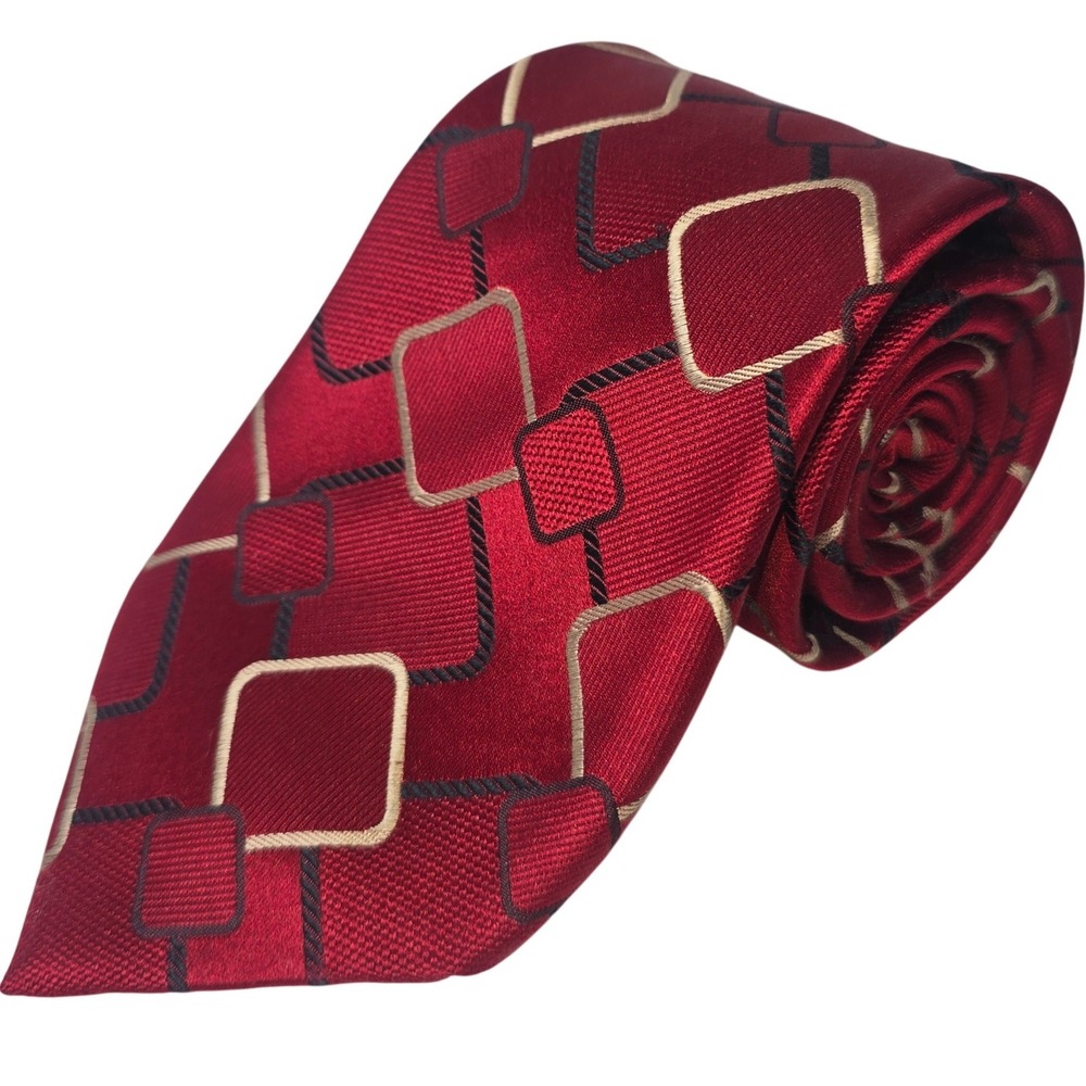 Crazy Horse Tie Claiborne Red Brown Tan Square Handmade 100% Silk 58x4 Vintage